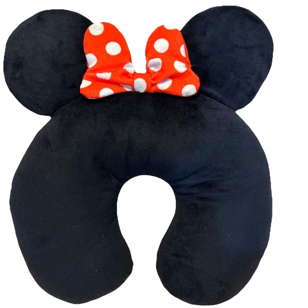 Disney Minnie Mouse Black W/ Red Bow HeadRest Neck Support Pillow Travel Pillow